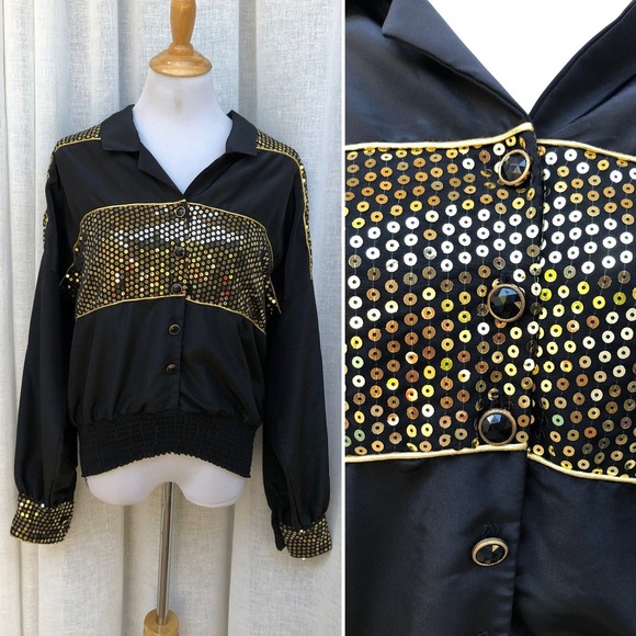 1980 Jamboree New York black with gold sequin bomber style blouse/ light jacket - Picture 1 of 10